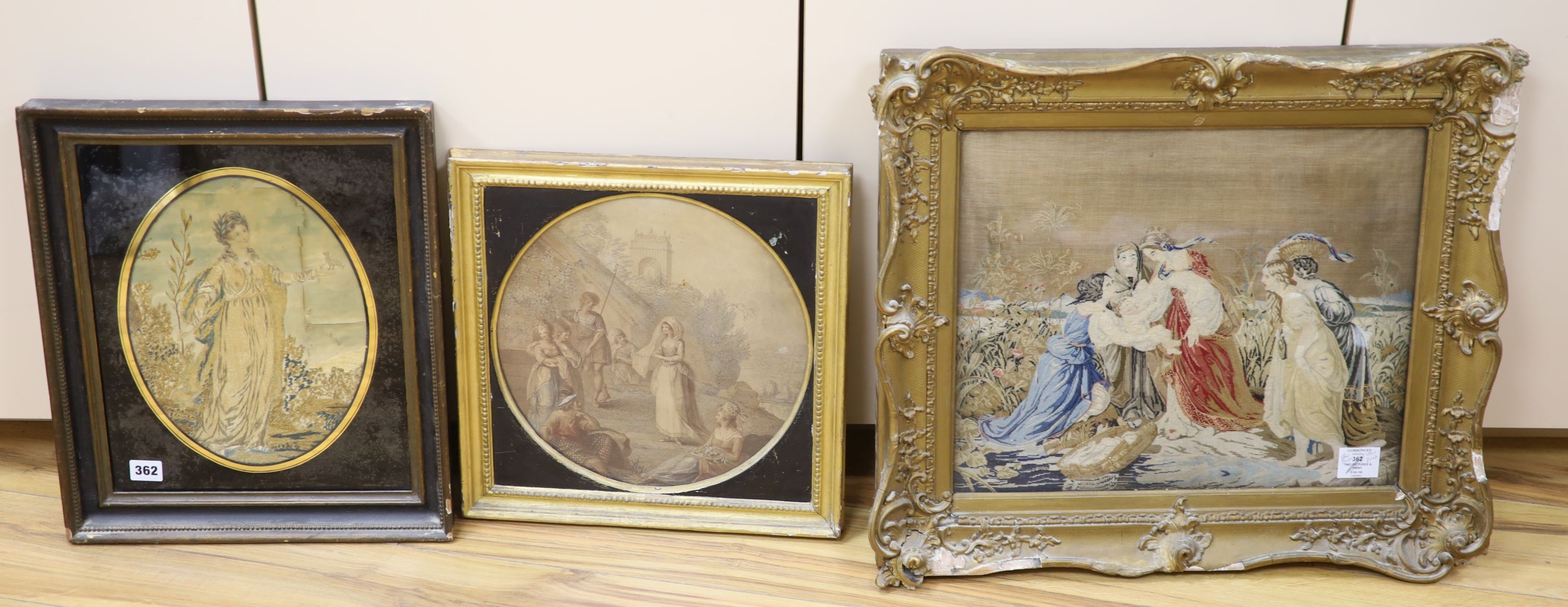 A 19th century silk picture, a petit point picture and a coloured print